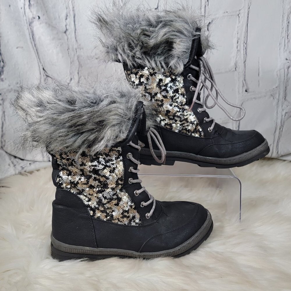 Justice Womens Sz 9 Sequin Snow Boots Faux Fur‎ Vegan Winter Black Casual